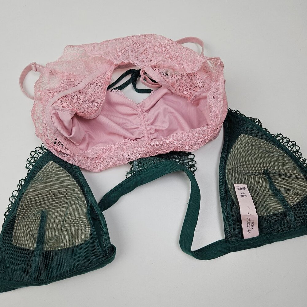 Victoria's Secret & Pink 2pc Lace Bralettes Sz S‎ Emerald Green Light Pink Bra - Picture 5 of 6